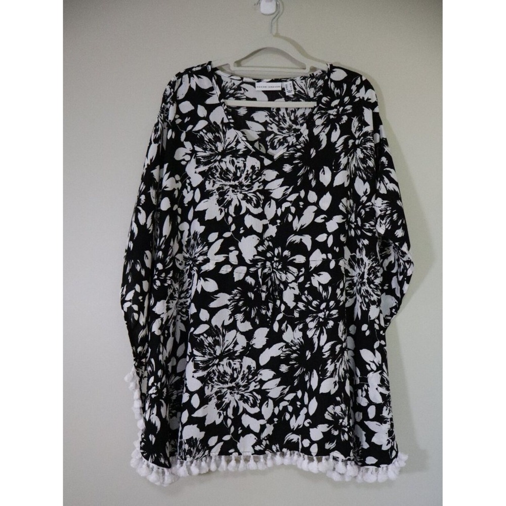 Boho Floral Beachwear Susan Graver Swim Cover Up M Black White Tassel Trim - Picture 1 of 7